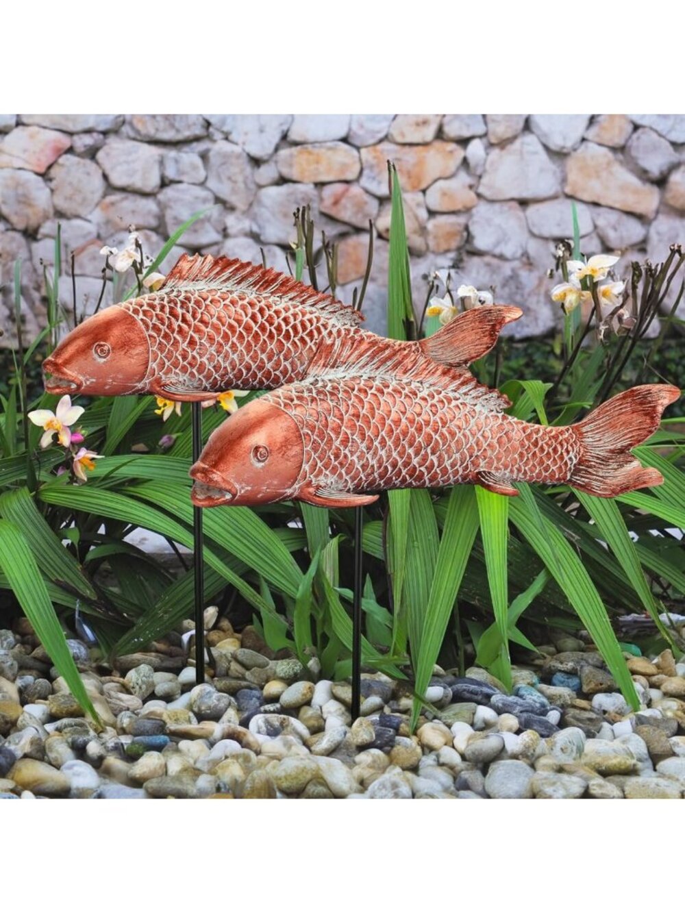 Set of 2 Antique Copper Koi Fish Statues for Outdoor Garden Decor, Pond Art